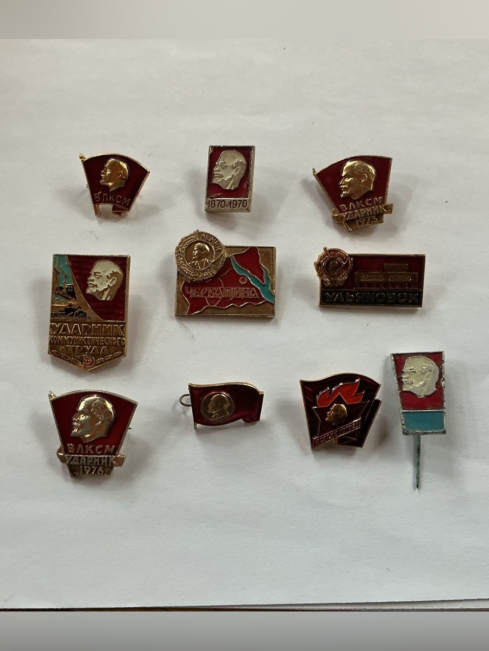 Set of  Ten Lenin Themed Soviet-Era Enamel Pins.